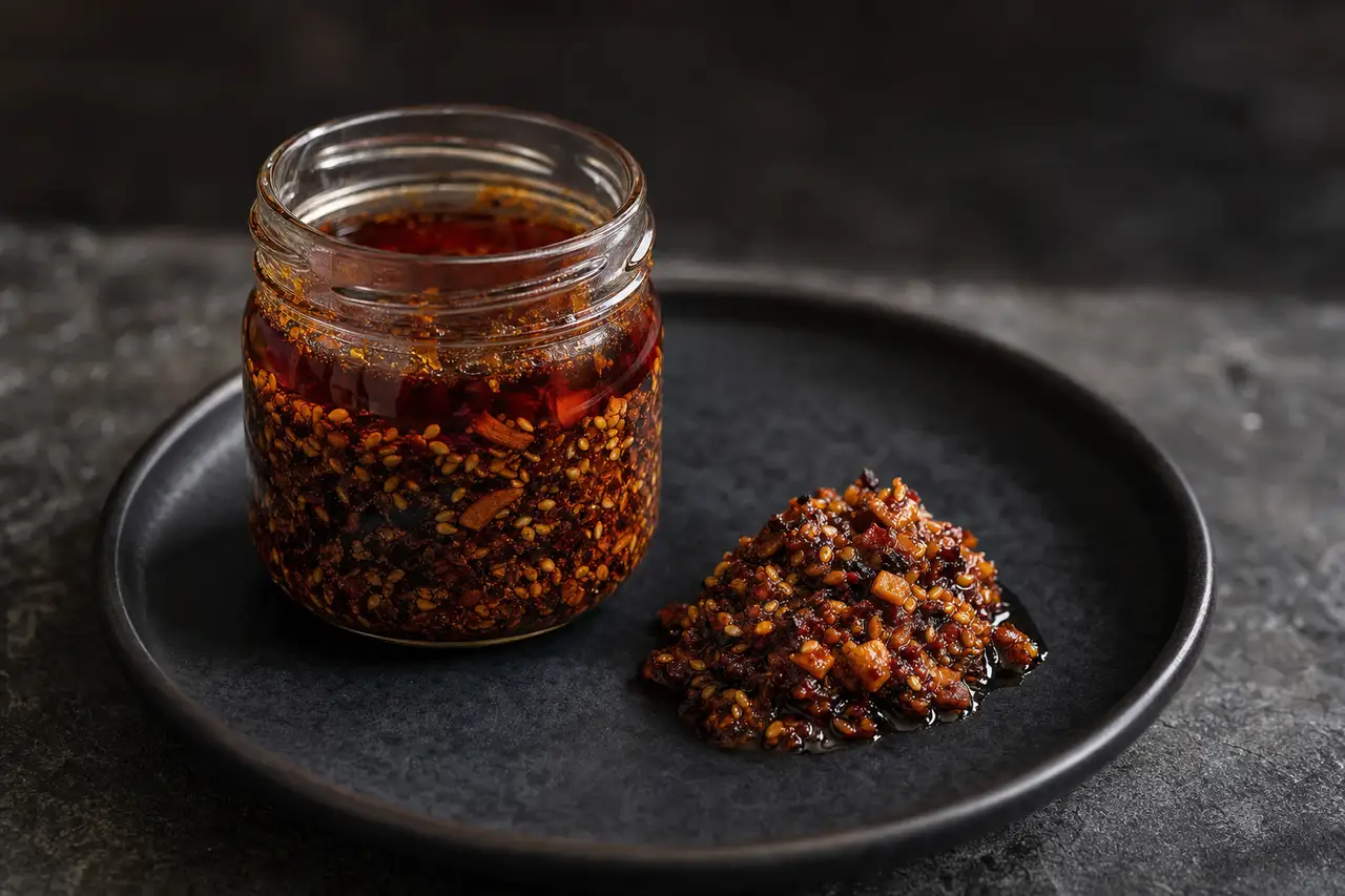 An open jar of Japanese crunchy chilli oil on a matte near-black ceramic plate, clear red oil above a thick sediment of toasted chilli, garlic and sesame, with a spoonful of the sediment beside it.
