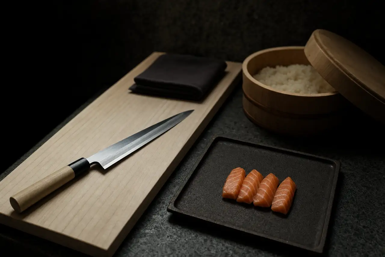 A sushi counter workstation with nobody at it: a long single-bevelled knife and a folded cloth on a pale wooden board, a lidded wooden tub of seasoned rice with the lid set ajar, and a small dark tray holding four cut pieces of salmon.