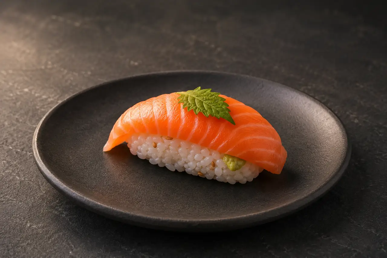 A single piece of salmon nigiri with a shiso leaf on a matte charcoal ceramic plate.
